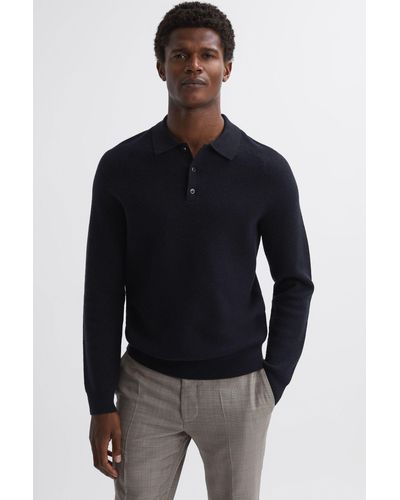 Reiss Holms - Navy Wool Long Sleeve Polo Shirt - Black