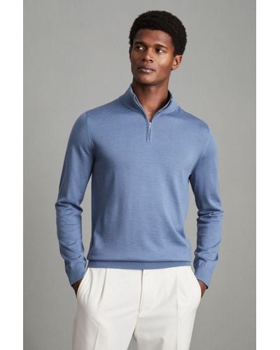 Reiss Blackhall - Cornflower Blue Merino Wool Half-zip Funnel Neck Sweater, S