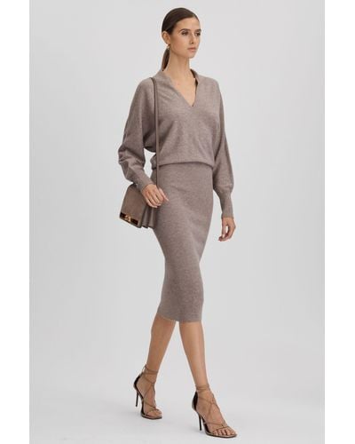 Reiss Sally - Neutral Wool Blend Midi Dress - Natural