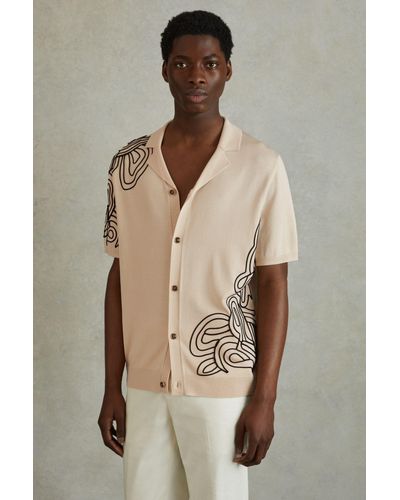 Reiss Romance - Cream Jersey Embroidered Cuban Collar Shirt, Xl - Natural