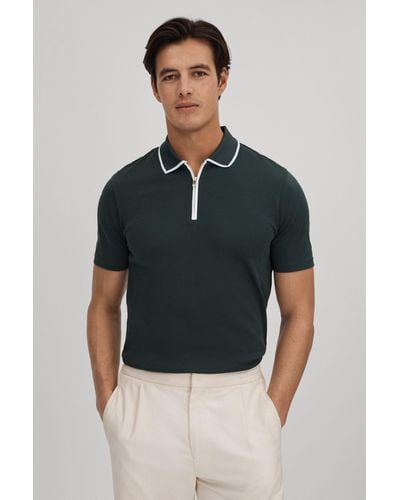 Reiss Cannes - Dark Green Cotton Contrast Collar Half-zip Polo Shirt