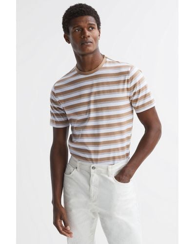 Reiss Dean - Camel/white Cotton Crew Neck Striped T-shirt - Multicolor