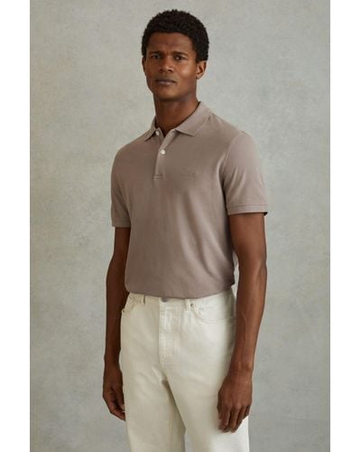 Reiss Peters - Dark Taupe Slim Fit Garment Dyed Embroidered Polo Shirt, M - Brown