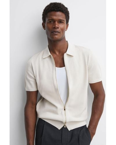 Reiss Walton - Stone Slim Fit Textured Zip Through T-shirt - White