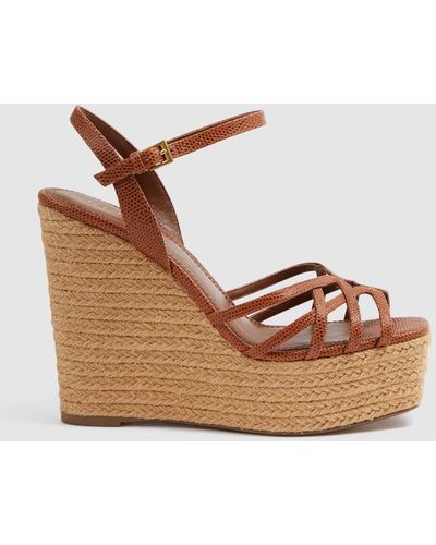 Reiss Elle - Tan Leather Raffia Platform Wedge Heels, Us 7.5 - Natural