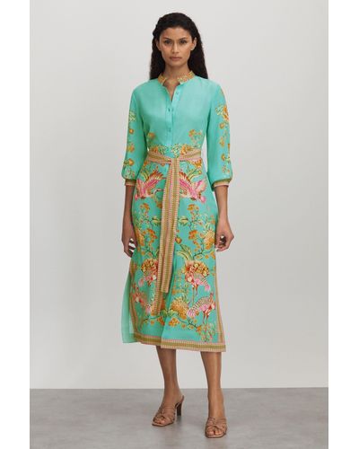 Raishma Silk Printed Belted Midi Dress - Green