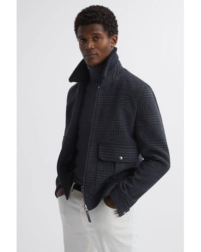 Reiss Robyn - Navy Wool Blend Check Jacket - Blue