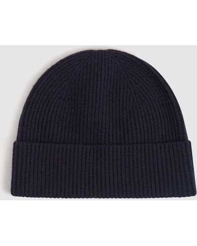 Reiss Chaise - Navy Merino Wool Ribbed Beanie Hat, One - Blue