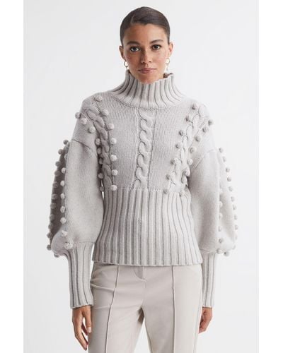 Joslin Studio Wool Pom Pom Funnel Neck Sweater - White