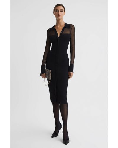 Reiss Nala - Black Sheer Knitted Button-through Midi Dress