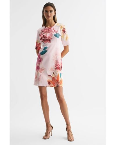 Reiss Tory - Pink Tory Floral Printed Mini Shift Dress, Us 2 - Red