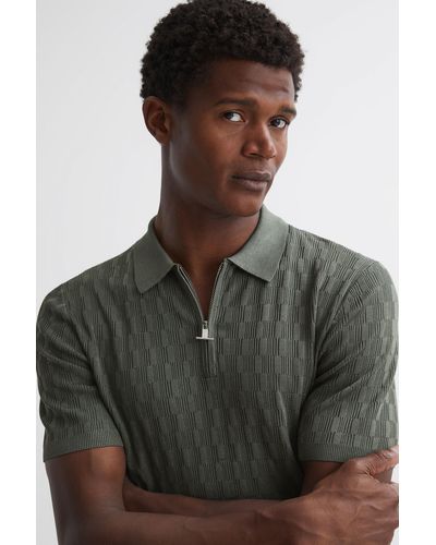 Reiss Ubud - Sage Green Half-zip Textured Polo T-shirt - Black