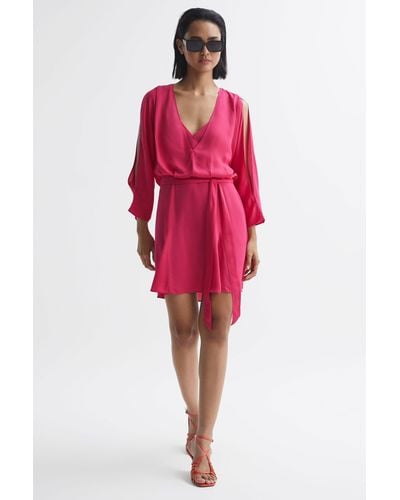 Reiss Anna - Bright Pink Open Back Split Sleeve Mini Dress, Us 4 - Red