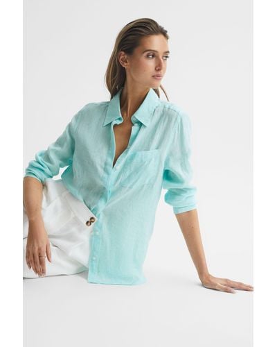 Reiss Campbell - Aqua Campbell Linen Long Sleeve Shirt, Us 0 - Blue