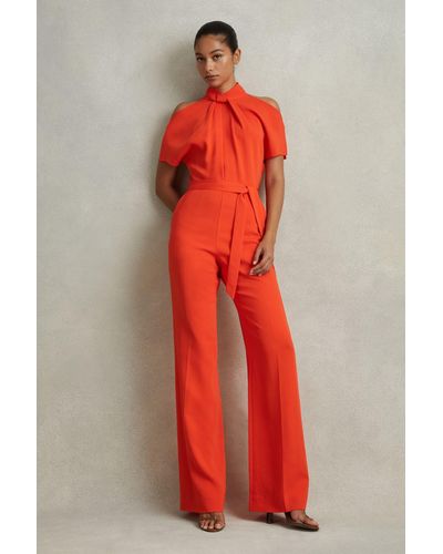Reiss Amari - Orange Split Sleeve Twist Neck Jumpsuit - Red