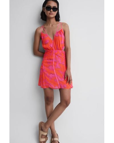 Reiss Abilene - Orange/pink Plunge Neckline Resort Mini Dress, Us 2 - Red