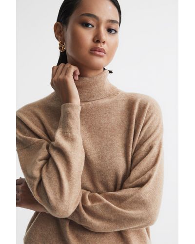 Reiss Mabel - Camel Fitted Cashmere Roll Neck Top - Brown