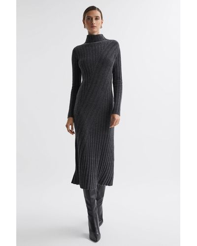 Reiss Cady - Charcoal Petite Fitted Knitted Midi Dress - Black