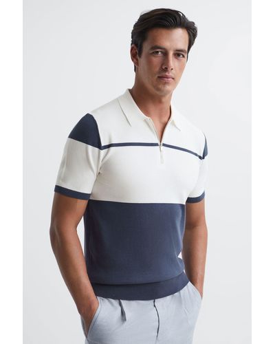 Reiss Rome - Airforce Blue/white Slim Fit Half Zip Colourblock Polo Shirt, L