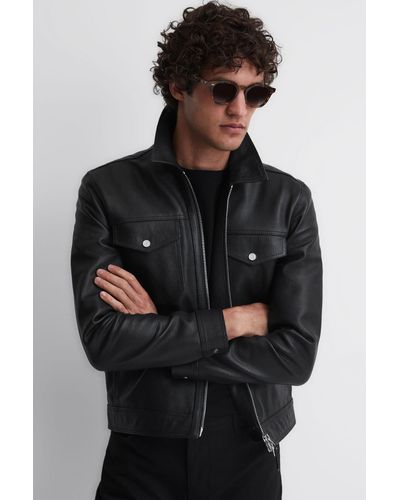 Reiss Carp - Black Leather Zip Through Jacket