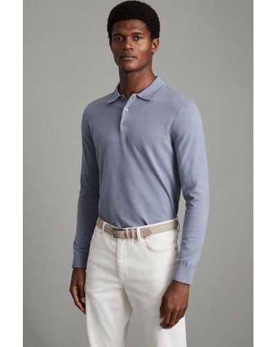 Reiss Trafford - China Blue Merino Wool Polo Shirt, L