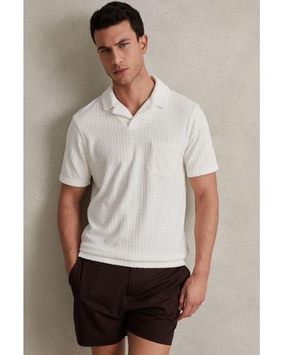 Reiss Cuba - White Towelling Cable Knit Polo Shirt