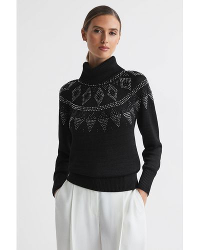 Reiss Bella - Black Embellished Fair-isle Removable Roll Neck Sweater