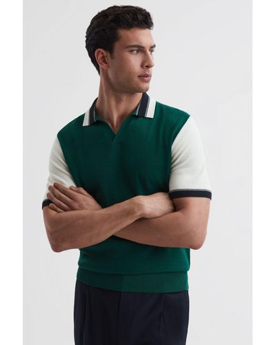 Reiss Kingsford - Bright Green/ecru Open Collar Striped T-shirt, Uk 2x-large