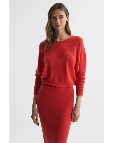 Reiss Leila - Red Knitted Long Sleeve Midi Dress
