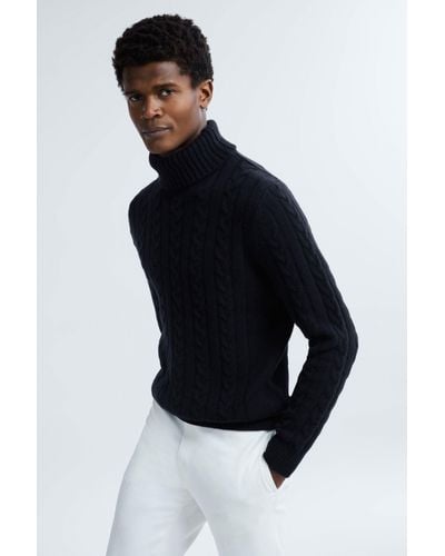 ATELIER Navy Cashmere Cable Knit Funnel Neck Sweater - Blue