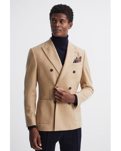 Reiss Lough - Camel Double Breasted Slim Fit Textured Blazer, 42r - Natural
