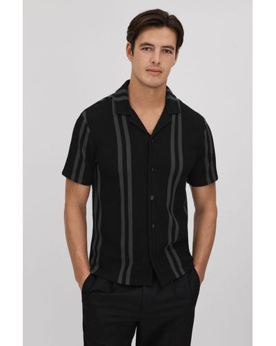 Reiss Castle - Black/steel Gray Ribbed Striped Cuban Collar Shirt