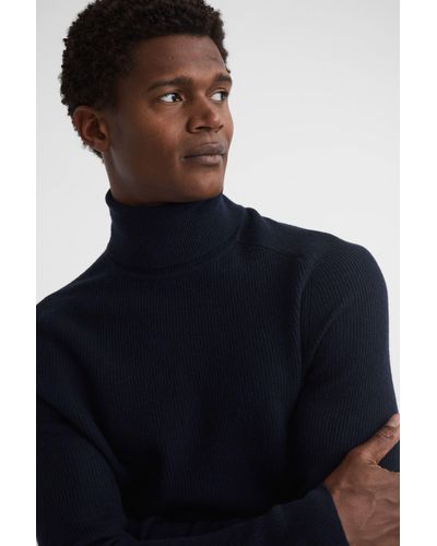 Reiss Skipton - Navy Slim Fit Wool Roll Neck Sweater - Blue