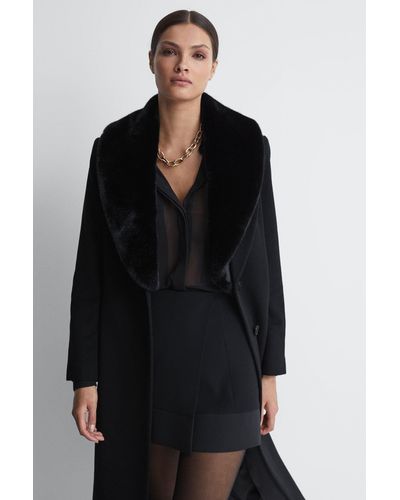 Reiss Laurie - Black Wool Blend Removable Faux Fur Collar Coat