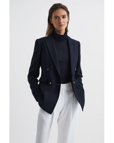 Reiss Larsson - Navy Larsson Double Breasted Twill Blazer - Blue