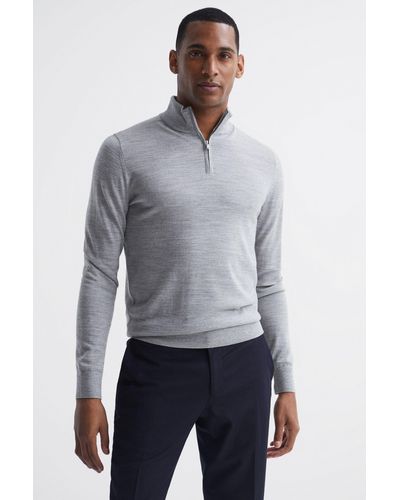 Reiss Blackhall - Soft Gray Mouline Merino Wool Half-zip Funnel Neck Sweater