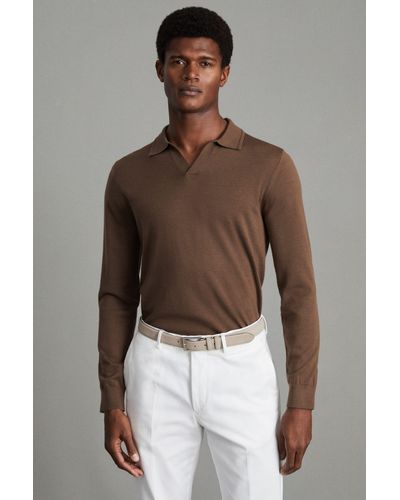 Reiss Milburn - Pecan Brown Merino Wool Open Collar Polo Shirt