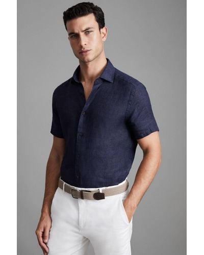 Reiss Holiday - Navy Slim Fit Linen Shirt, S - Blue