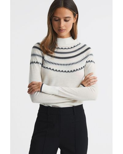 Reiss Sloane - Cream/grey Wool-cashmere Fair-isle Funnel Neck Sweater - Gray