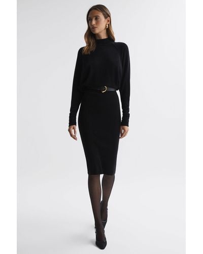 Reiss Freya - Black Petite Wool Blend Ruched Sleeve Midi Dress