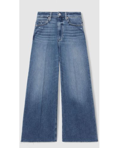 PAIGE Wide Leg Raw Hem Cropped Jeans - Blue