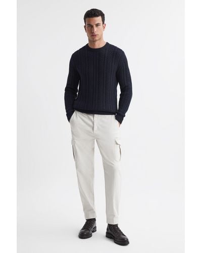 Reiss Arlington - Navy Slim Fit Wool-cotton Cable Knit Sweater - Blue