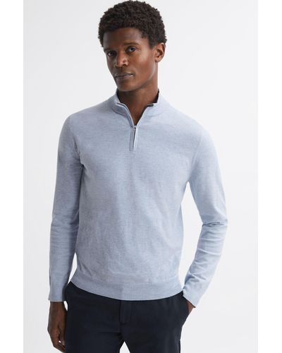 Reiss Bond - Sky Blue Melange Half Zip Funnel Neck Cotton Sweater, Uk X-small