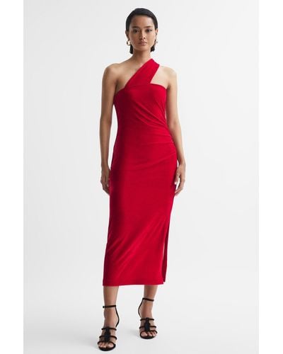 Reiss Abbey One-shoulder Stretch-velvet Midi Dress - Red