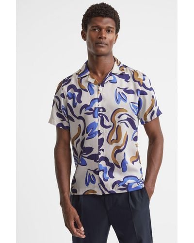 Reiss Scout - White Multi Abstract Print Cuban Collar Shirt - Blue