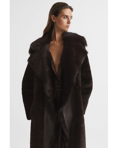Reiss Dana - Dark Aubergine Reversible Longline Shearling Coat, Uk X-small - Black