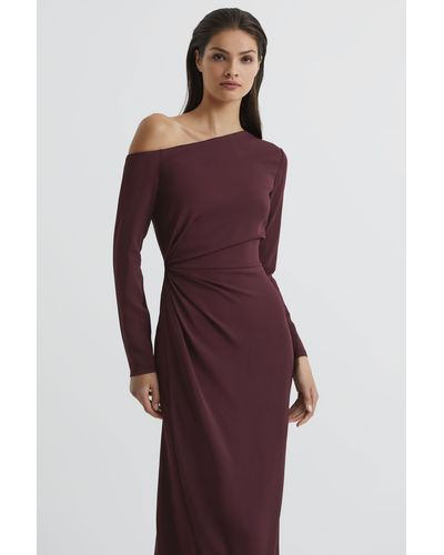 Reiss Nadia - Burgundy Off-shoulder Drape Midi Dress, Us 6 - Purple