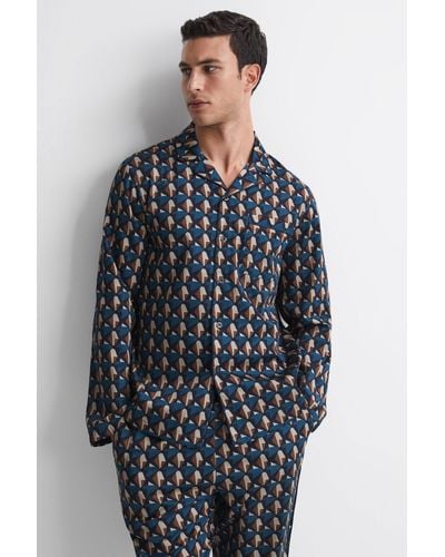 Reiss Thurlow - Multi Cotton Printed Cuban Collar Pajama Top, L - Blue