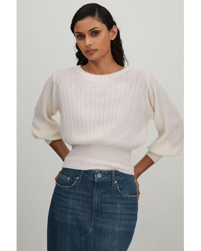 Crush Collection Cashmere Blouson Sleeve Sweater - White