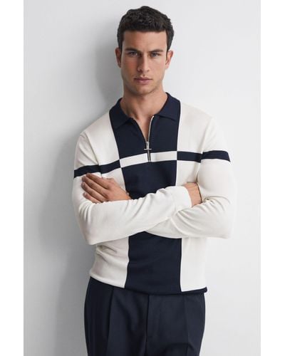 Reiss Langland - Ecru/navy Slim Fit Colourblock Half-zip Neck Sweater - Blue